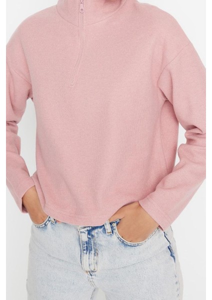 Kadın Fermuarlı Yaka Düşük Kol Selanik Triko Fermuarlı Yaka Normal Kalıp Örme Sweatshirt fiyatları