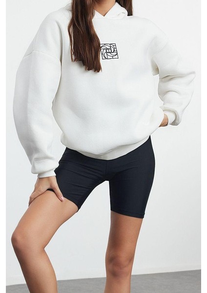 Kadın Moda Şık Bol Kapüşonlu Düşük Kol Uzun Geniş Kalıp Nakışlı Kalın Içi Polarlı Örme Sweatshirt