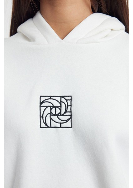 Kadın Moda Şık Bol Kapüşonlu Düşük Kol Uzun Geniş Kalıp Nakışlı Kalın Içi Polarlı Örme Sweatshirt