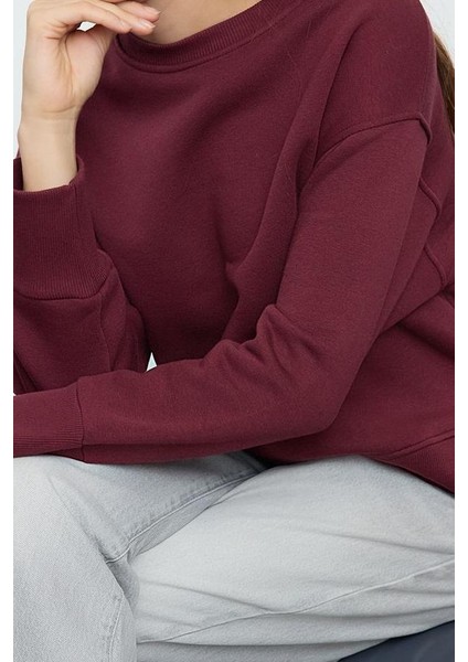 Kadın Regular Bisiklet Yaka Düşük Kol Regular Kalın Içi Polarlı Normal Kalıp Basic Örme Sweatshirt
