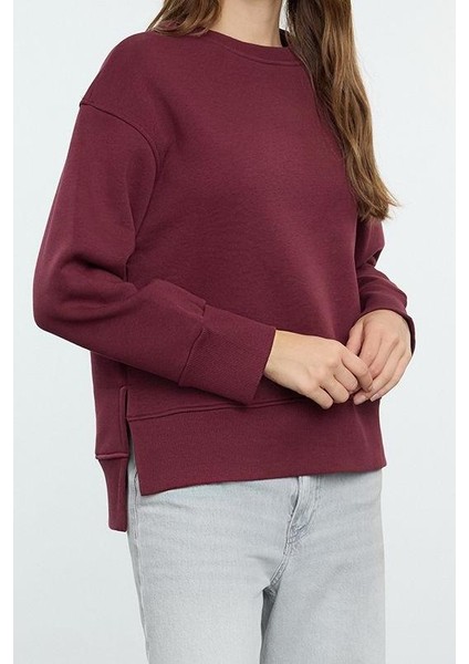 Kadın Regular Bisiklet Yaka Düşük Kol Regular Kalın Içi Polarlı Normal Kalıp Basic Örme Sweatshirt