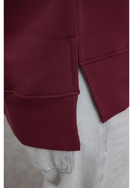 Kadın Regular Bisiklet Yaka Düşük Kol Regular Kalın Içi Polarlı Normal Kalıp Basic Örme Sweatshirt