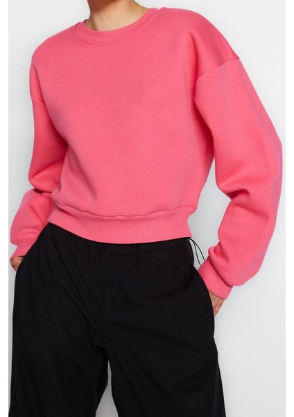 Kadın Moda Şık Crop Dik Yaka Düşük Kol Crop Rahat Kesim Crop Basic Kalın Içi Polarlı Örme Sweatshirt