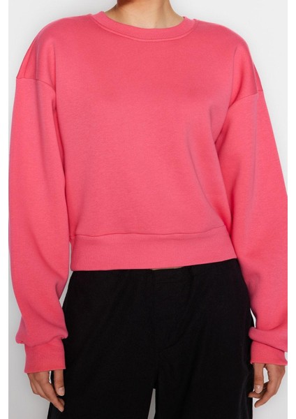 Kadın Moda Şık Crop Dik Yaka Düşük Kol Crop Rahat Kesim Crop Basic Kalın Içi Polarlı Örme Sweatshirt