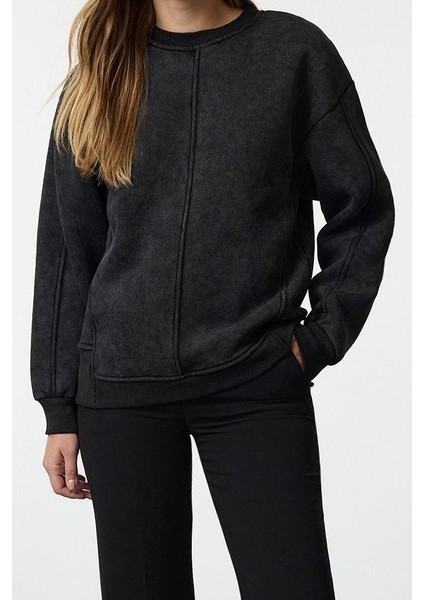 Kadın Regular Bisiklet Yaka Düşük Kol Regular Eskitme Kalın Içi Polarlı Normal Kalıp Örme Sweatshirt fiyatları