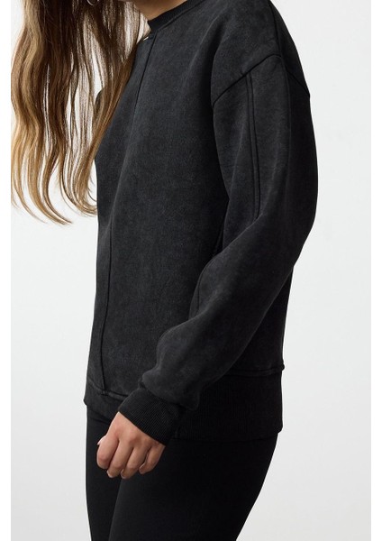 Kadın Regular Bisiklet Yaka Düşük Kol Regular Eskitme Kalın Içi Polarlı Normal Kalıp Örme Sweatshirt modelleri