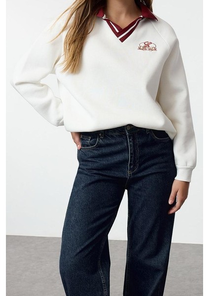 Kadın Moda Şık Bol Polo Yaka Düşük Kol Uzun Nakışlı Gneiş Kalıp Kalın Içi Polarlı Örme Sweatshirt