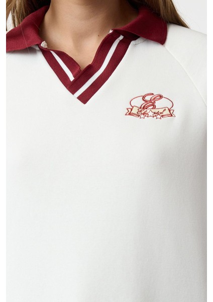 Kadın Moda Şık Bol Polo Yaka Düşük Kol Uzun Nakışlı Gneiş Kalıp Kalın Içi Polarlı Örme Sweatshirt