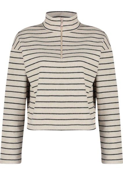 Kadın Fermuarlı Yaka Düşük Kol Çizgili Selanik Fermuarlı Normal Kalıp Örme Sweatshirt