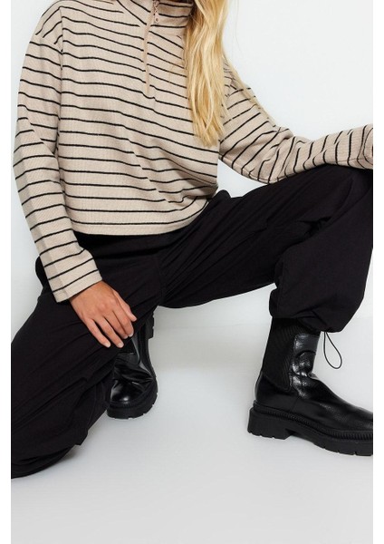 Kadın Fermuarlı Yaka Düşük Kol Çizgili Selanik Fermuarlı Normal Kalıp Örme Sweatshirt fiyatları