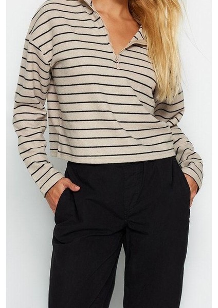 Kadın Fermuarlı Yaka Düşük Kol Çizgili Selanik Fermuarlı Normal Kalıp Örme Sweatshirt modelleri