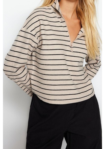 Kadın Fermuarlı Yaka Düşük Kol Çizgili Selanik Fermuarlı Normal Kalıp Örme Sweatshirt fırsatları