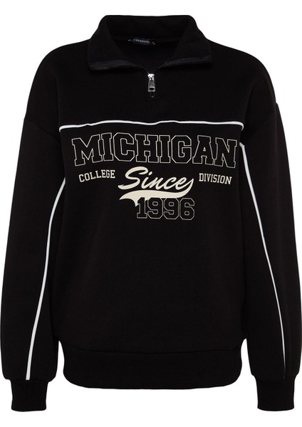 Kadın Bol Fermuarlı Yaka Düşük Kol Uzun Fermuarlı Baskılı Geniş Kalıp Kalın Polarlı Örme Sweatshirt