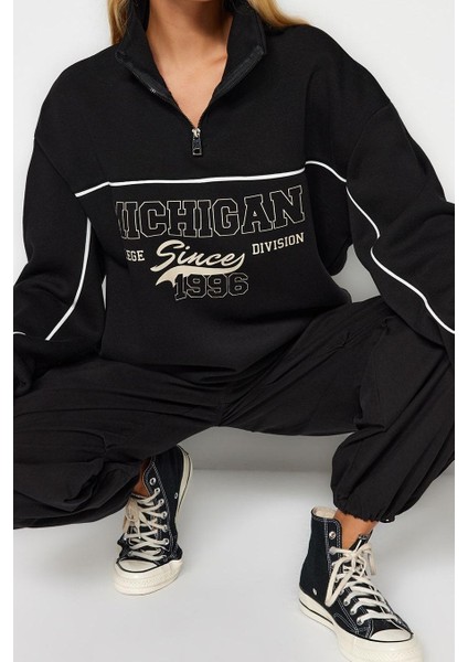Kadın Bol Fermuarlı Yaka Düşük Kol Uzun Fermuarlı Baskılı Geniş Kalıp Kalın Polarlı Örme Sweatshirt fiyatları