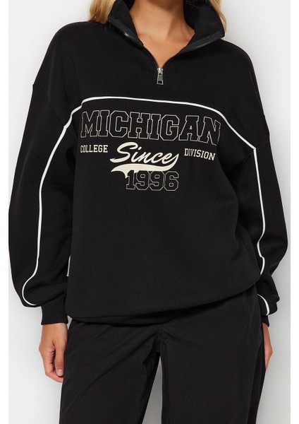 Kadın Bol Fermuarlı Yaka Düşük Kol Uzun Fermuarlı Baskılı Geniş Kalıp Kalın Polarlı Örme Sweatshirt modelleri