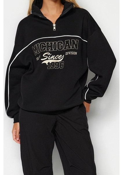 Kadın Bol Fermuarlı Yaka Düşük Kol Uzun Fermuarlı Baskılı Geniş Kalıp Kalın Polarlı Örme Sweatshirt fırsatları