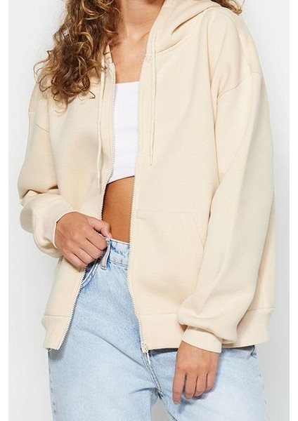 Kadın Oversize Kapüşonlu Düşük Kol Uzun Rahat Kesim Basic Fermuarlı Kalın Polarlı Örme Sweatshirt