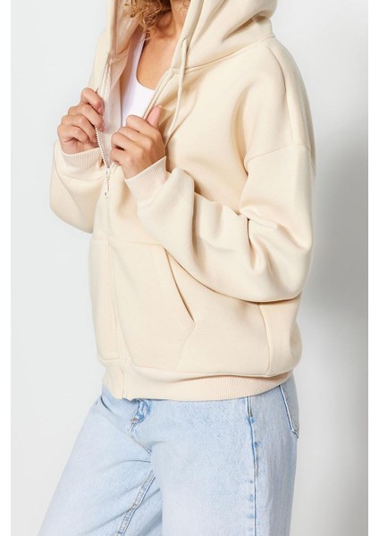Kadın Oversize Kapüşonlu Düşük Kol Uzun Rahat Kesim Basic Fermuarlı Kalın Polarlı Örme Sweatshirt