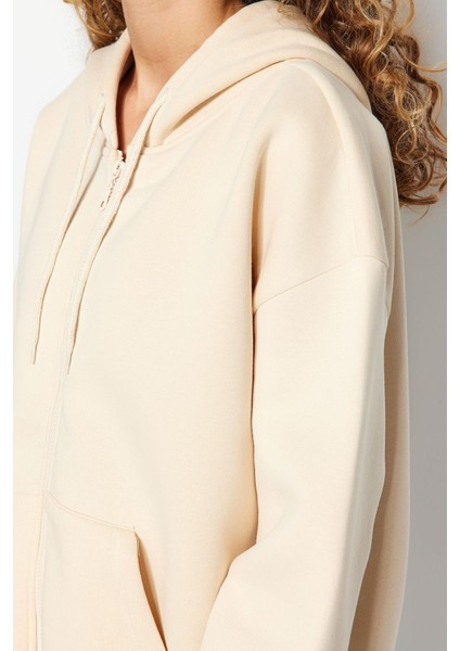 Kadın Oversize Kapüşonlu Düşük Kol Uzun Rahat Kesim Basic Fermuarlı Kalın Polarlı Örme Sweatshirt