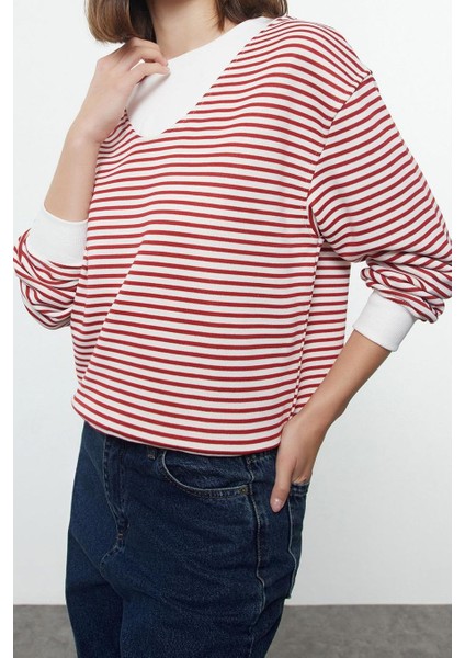 Kadın Moda Şık Bol Bisiklet Yaka Düşük Kol Uzun Çizgili Geniş Kalıp Yaka Kalın Örme Sweatshirt