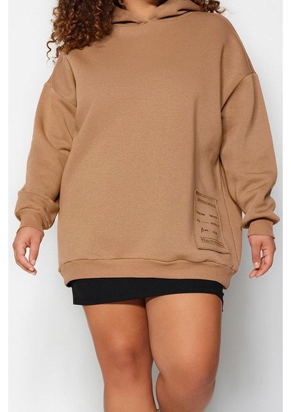 Kadın Büyük Beden Relaxed Kapüşonlu Düşük Kol Regular Slogan Detaylı Içi Polar Kalın Örme Sweatshirt