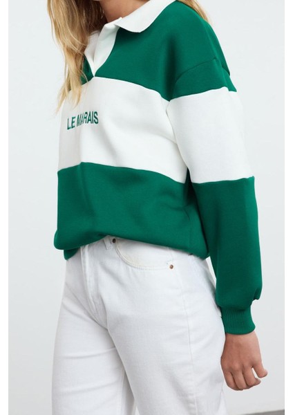 Kadın Polo Yaka Düşük Kol Kalın Polarlı Normal Kalıp Nakışlı Polo Yaka Örme Sweatshirt modelleri