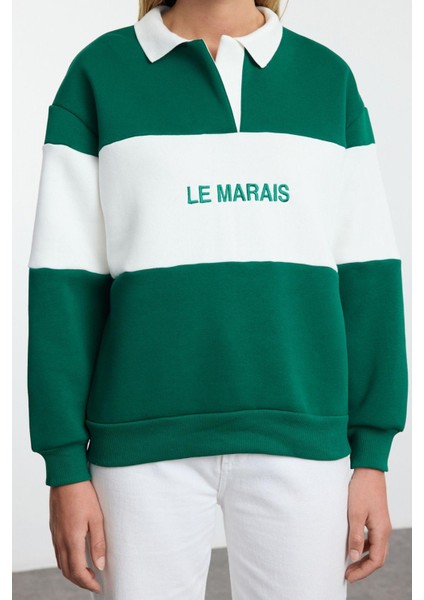 Kadın Polo Yaka Düşük Kol Kalın Polarlı Normal Kalıp Nakışlı Polo Yaka Örme Sweatshirt fırsatları