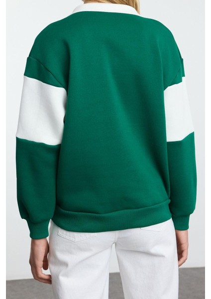 Kadın Polo Yaka Düşük Kol Kalın Polarlı Normal Kalıp Nakışlı Polo Yaka Örme Sweatshirt indirimleri