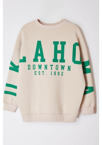 Kadın Büyük Beden Oversize Bisiklet Yaka Düşük Kol Genilş Kalıp Sırtı Baskılı Polar Kalın Sweatshirt