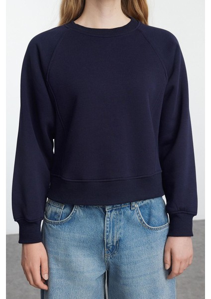 Kadın Moda Şık Regular Bisiklet Yaka Düşük Kol Regular Nervür Detaylı Normal Kalıp Örme Sweatshirt