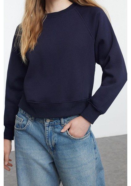 Kadın Moda Şık Regular Bisiklet Yaka Düşük Kol Regular Nervür Detaylı Normal Kalıp Örme Sweatshirt