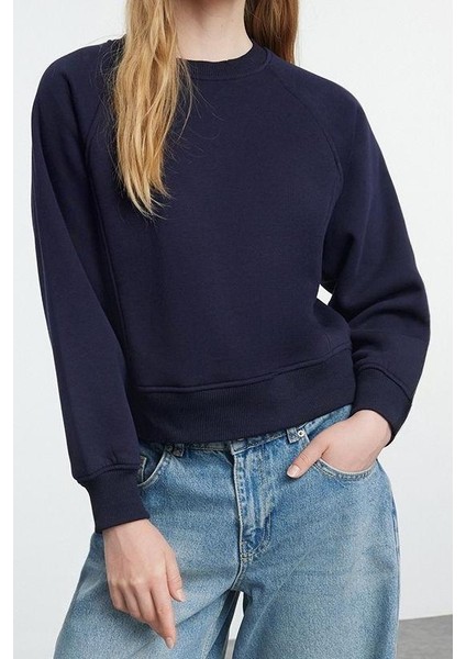 Kadın Moda Şık Regular Bisiklet Yaka Düşük Kol Regular Nervür Detaylı Normal Kalıp Örme Sweatshirt