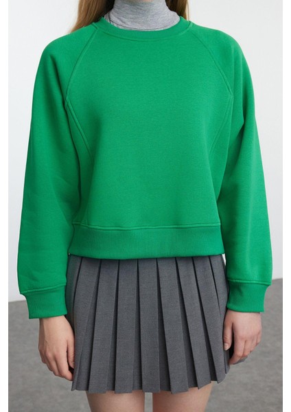 Kadın Moda Şık Regular Bisiklet Yaka Düşük Kol Regular Nervür Detaylı Normal Kalıp Örme Sweatshirt