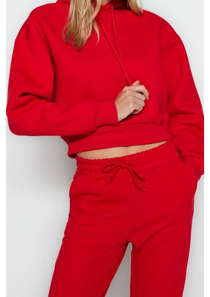 Kadın Moda Relaxed Kapüşonlu Düşük Kol Crop Kalın Içi Polarlı Rahat Kesim Crop Basic Örme Sweatshirt