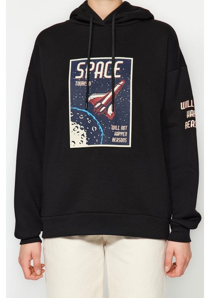 Kadın Moda Bol Kapüşonlu Düşük Kol Uzun Kalın Içi Polarlı Uzay Baskılı Geniş Kesim Örme Sweatshirt