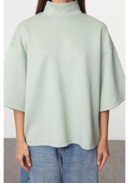 Kadın Moda Şık Oversize Dik Yaka Düşük Kol Uzun Geniş Kalıp Truvakar Kol Örme Sweatshirt