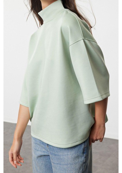 Kadın Moda Şık Oversize Dik Yaka Düşük Kol Uzun Geniş Kalıp Truvakar Kol Örme Sweatshirt