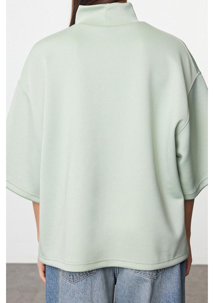 Kadın Moda Şık Oversize Dik Yaka Düşük Kol Uzun Geniş Kalıp Truvakar Kol Örme Sweatshirt