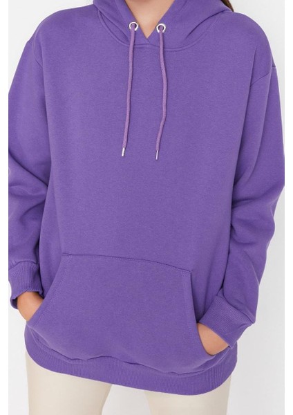 Kadın Bol Kapüşonlu Düşük Kol Uzun Kalın Polarlı Kanguru Cepli Boyfriend Geniş Kalıp Örme Sweatshirt