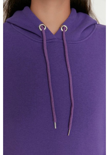 Kadın Bol Kapüşonlu Düşük Kol Uzun Kalın Polarlı Kanguru Cepli Boyfriend Geniş Kalıp Örme Sweatshirt