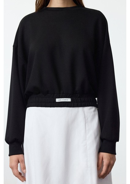 Kadın Oversize Dik Yaka Düşük Kol Crop Rahat Kalıp Yumuşak Tuşeli Crop Etiket Örme Sweatshirt