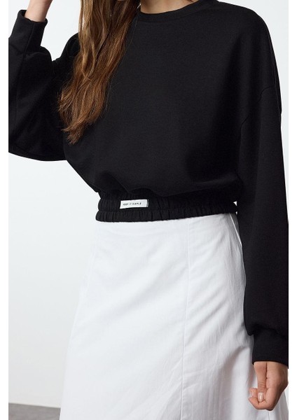 Kadın Oversize Dik Yaka Düşük Kol Crop Rahat Kalıp Yumuşak Tuşeli Crop Etiket Örme Sweatshirt