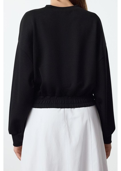 Kadın Oversize Dik Yaka Düşük Kol Crop Rahat Kalıp Yumuşak Tuşeli Crop Etiket Örme Sweatshirt
