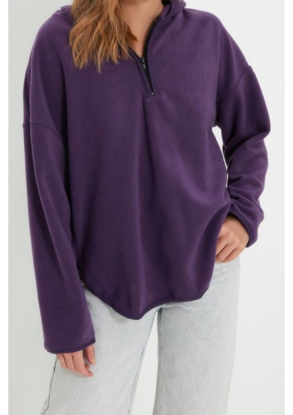 Kadın Moda Şık Bol Kapüşonlu Düşük Kol Uzun Kalın Polar ve Fermuarlı Geniş Kalıp Örme Sweatshirt