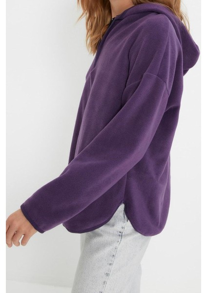 Kadın Moda Şık Bol Kapüşonlu Düşük Kol Uzun Kalın Polar ve Fermuarlı Geniş Kalıp Örme Sweatshirt