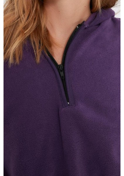Kadın Moda Şık Bol Kapüşonlu Düşük Kol Uzun Kalın Polar ve Fermuarlı Geniş Kalıp Örme Sweatshirt
