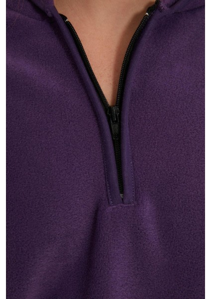 Kadın Moda Şık Bol Kapüşonlu Düşük Kol Uzun Kalın Polar ve Fermuarlı Geniş Kalıp Örme Sweatshirt