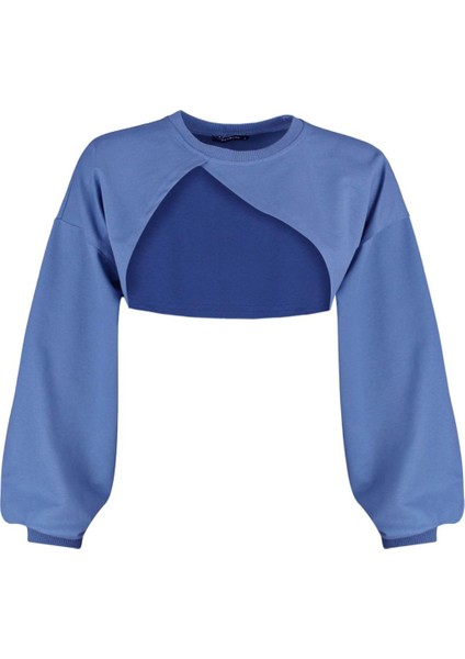 Kadın Moda Şık Crop Bisiklet Yaka Düşük Kol Crop Asimetrik Super Crop Ince Örme Sweatshirt