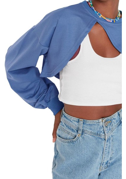 Kadın Moda Şık Crop Bisiklet Yaka Düşük Kol Crop Asimetrik Super Crop Ince Örme Sweatshirt