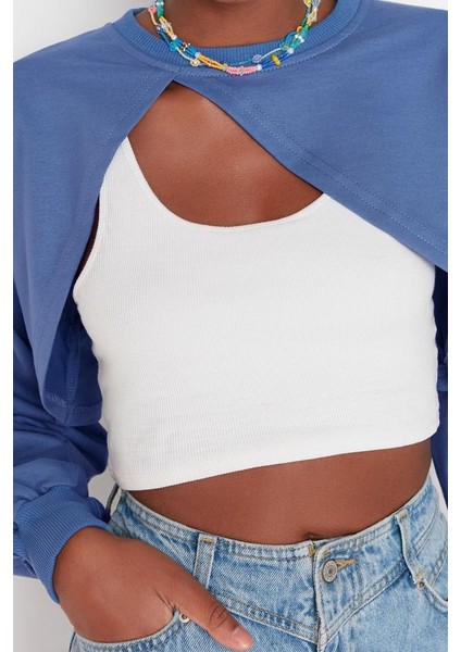 Kadın Moda Şık Crop Bisiklet Yaka Düşük Kol Crop Asimetrik Super Crop Ince Örme Sweatshirt